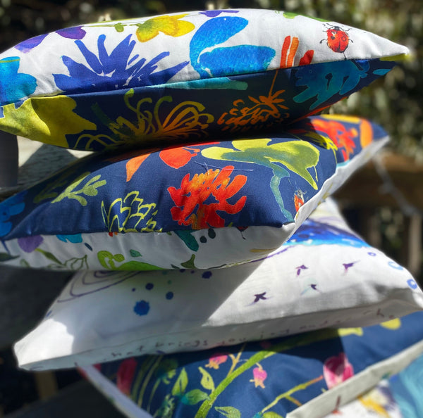 Indoor/outdoor, two sided pillow cases. Watercolor. printed and removable for washing.